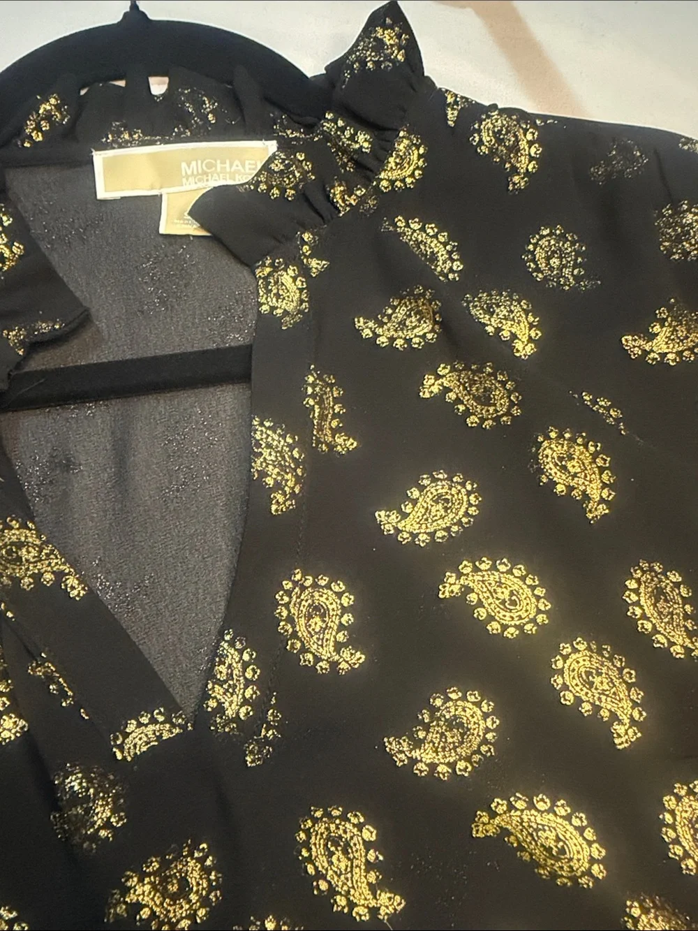 Michael Kors Black Blouse with Gold Paisley Foil